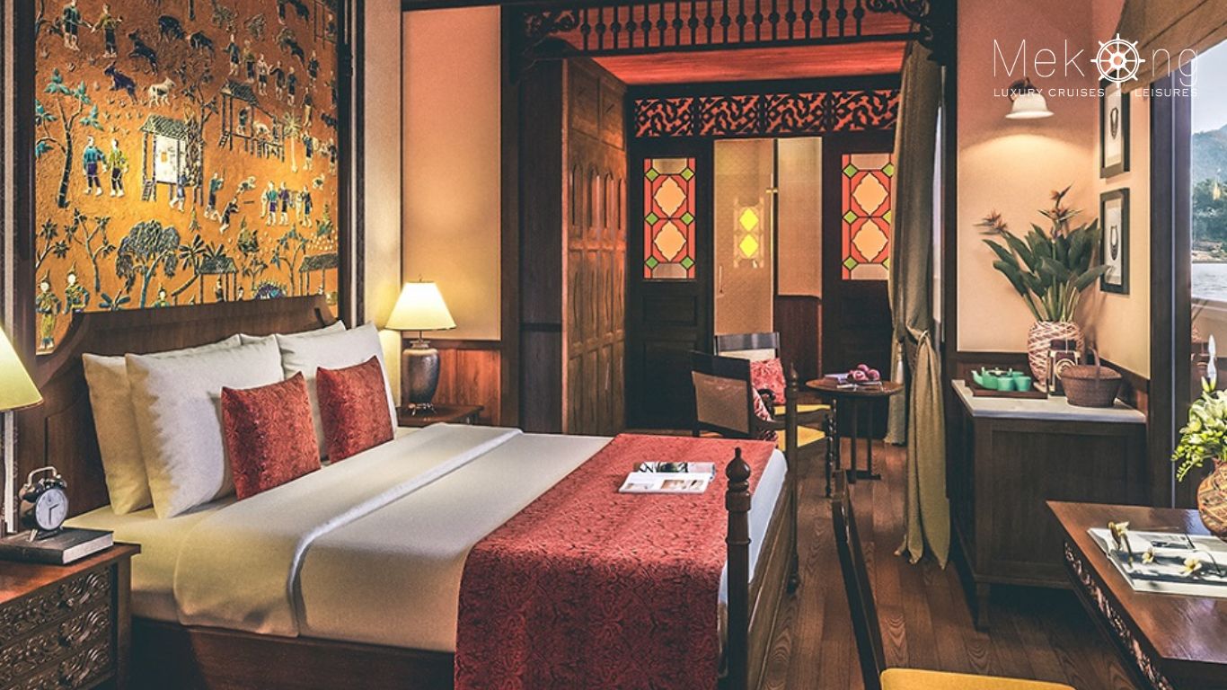 A luxury cabin with traditional Lao decor on the Heritage Line Anouvong