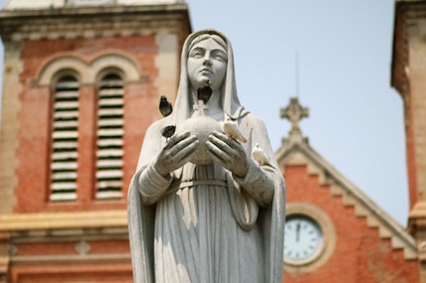 The statue of the Virgin Mary along with a flock of pigeons