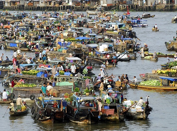 Mekong Delta is famous for floating market with variety of tropical fruits and flowers
