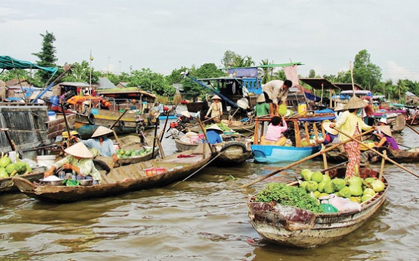 The market is located on Hau River - a tributary of the Mekong River