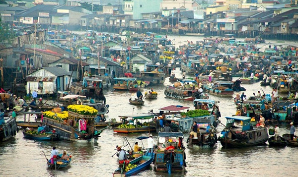 A floating market in Mekong Delta