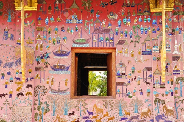 The picture in mosaic style telling about Buddha in Wat Xieng Thong 