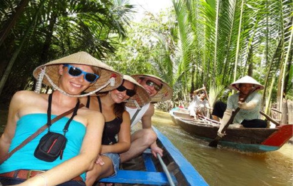 Rowing a boat in orchards