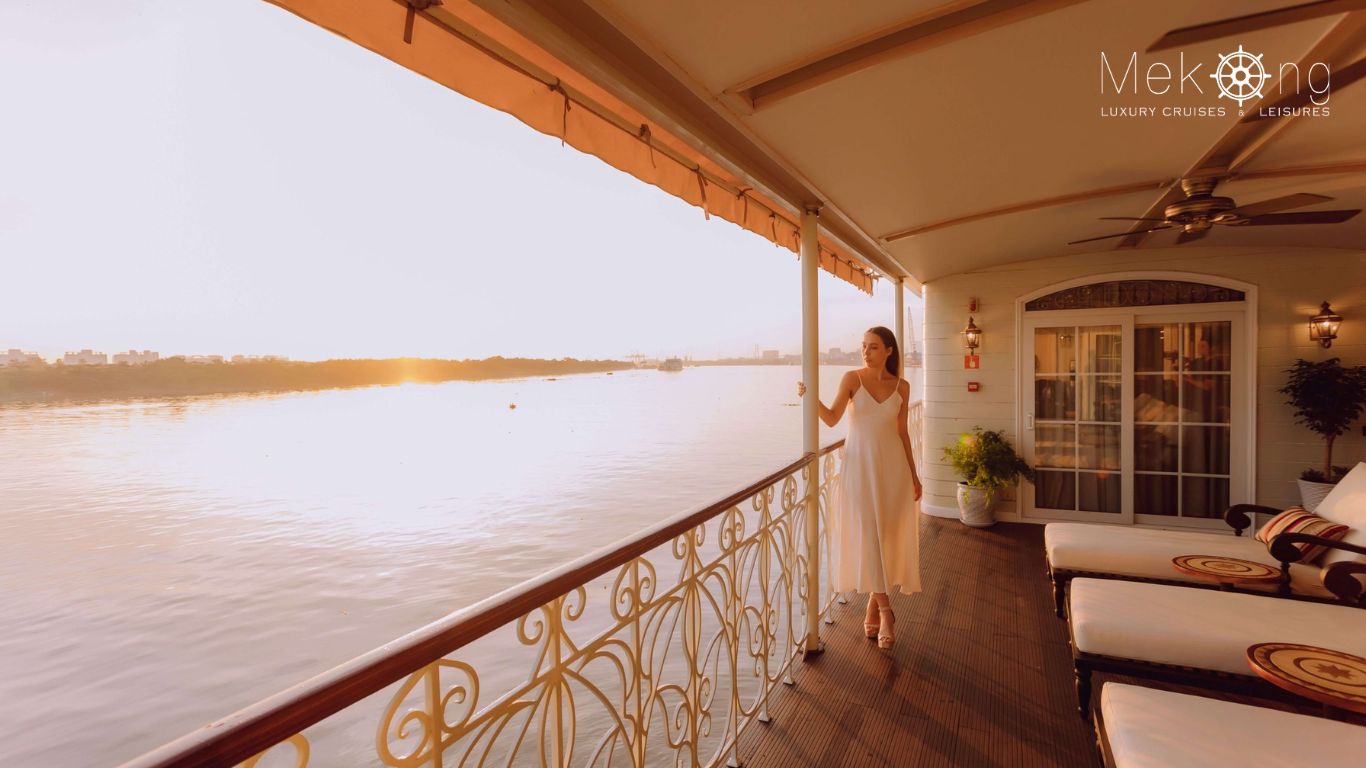 A traveller on the Mekong Princess Cruise on the Mekong river