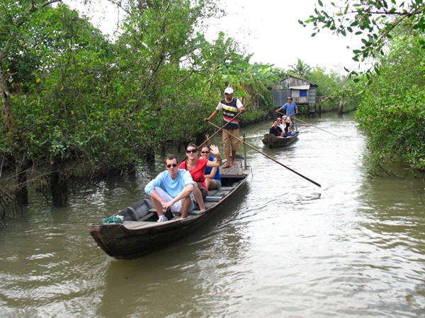 Tourists floating around on a boat