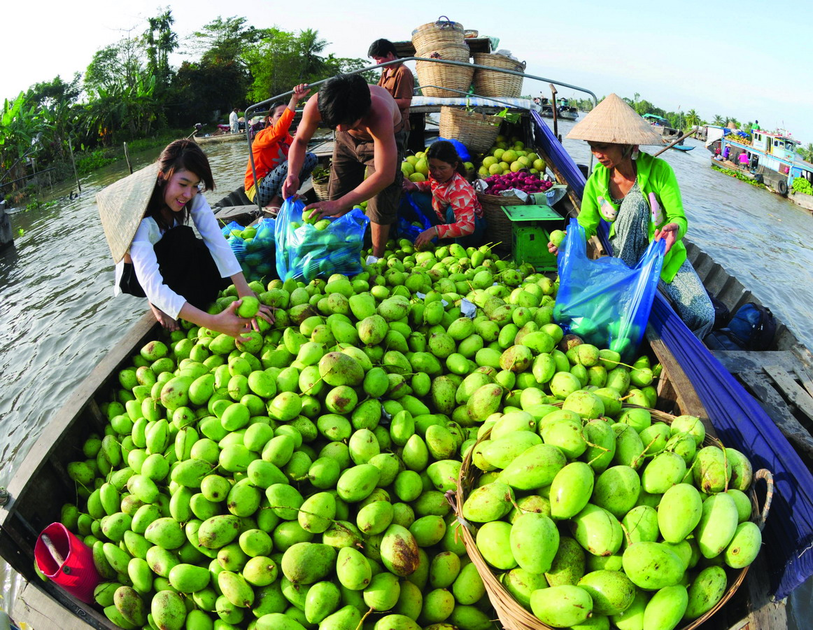 Mangoes are being sold on floating boat