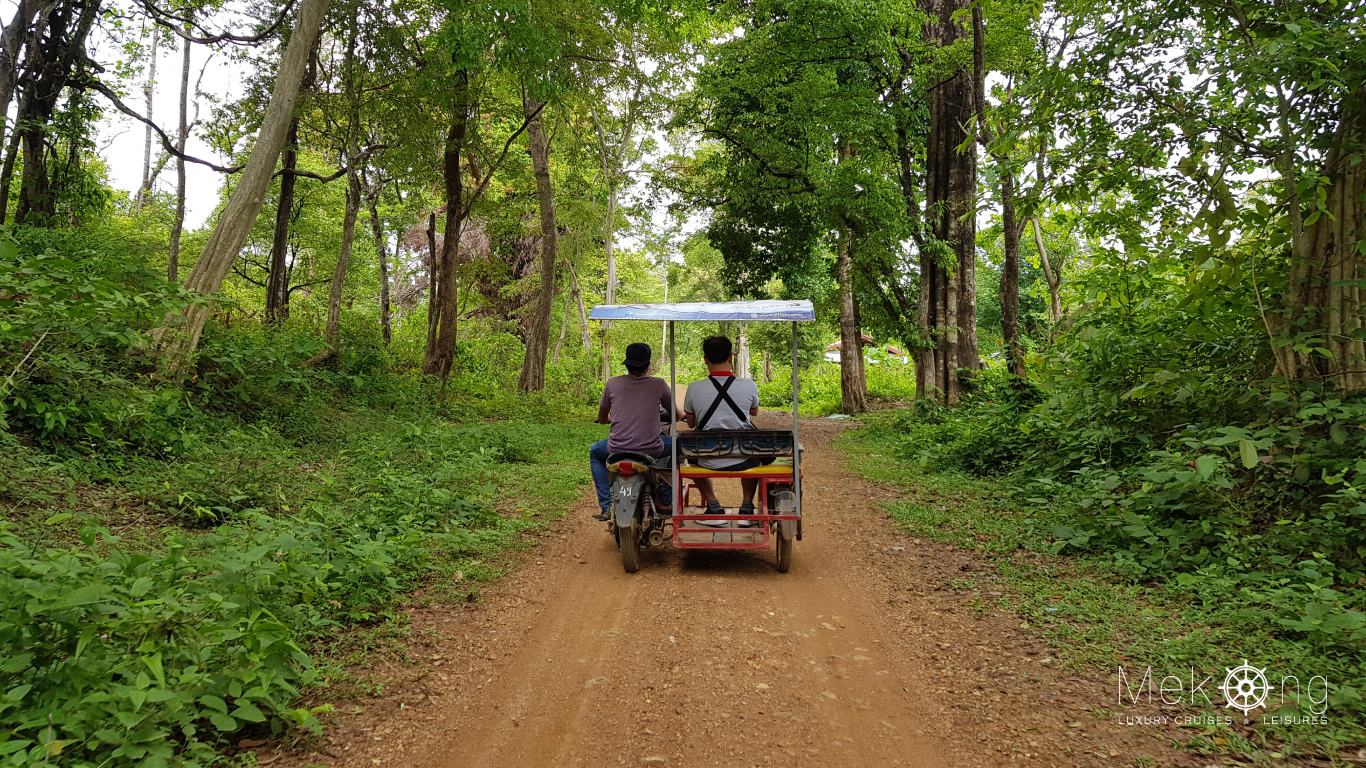 Two travellers riding a motorbike sidecar along a shaded dirt track through green forest in Laos