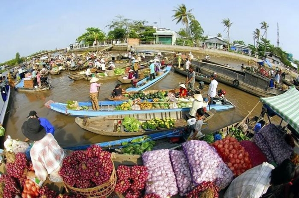 The colorful products are selled in floating market