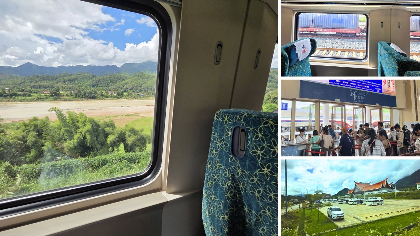 A collage of four images showing the interior of a Laos–China Railway train with a mountain and river view through the window, a close-up of the seats, passengers queuing at a check-in counter, and an aerial view of a modern railway station with minivans parked outside.
