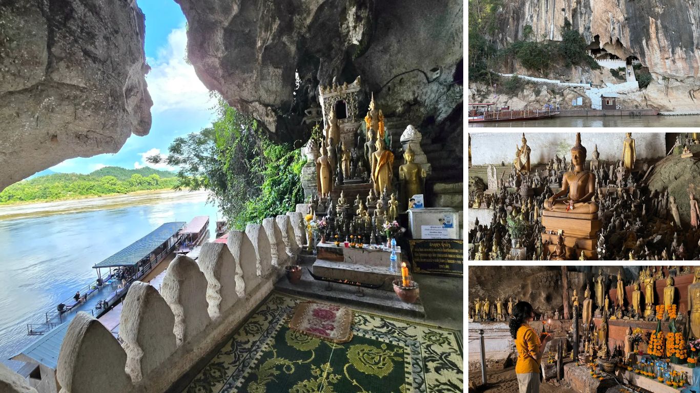 A collage of four images showing the interior and exterior of the Pak Ou Caves in Laos, with hundreds of Buddha statues filling the cave walls, a visitor praying among offerings, and boats docked at the base of the cliff on the Mekong River.