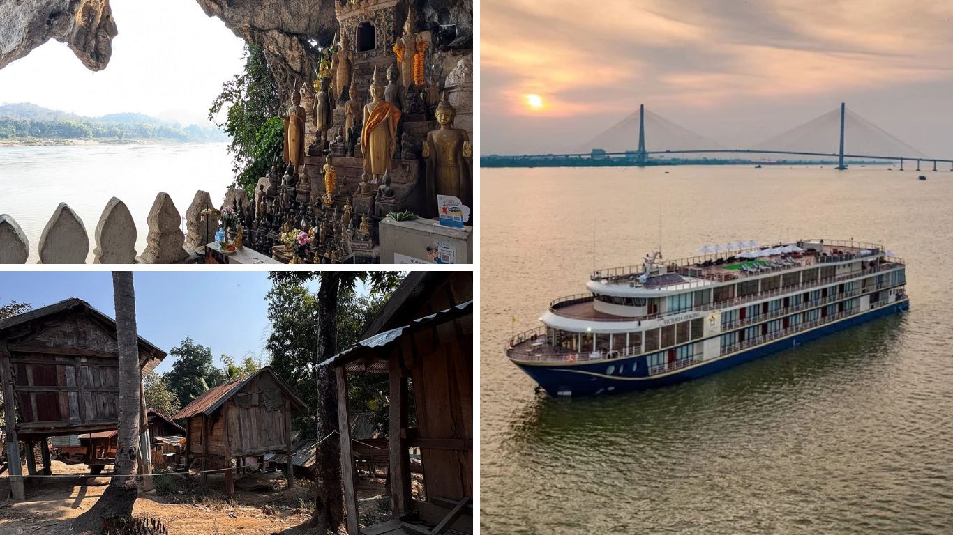 A collage of three images showing a luxury cruise ship on the Mekong River at sunset, Buddha statues inside the Pak Ou Caves, and traditional wooden stilt houses in a riverside village in Laos.