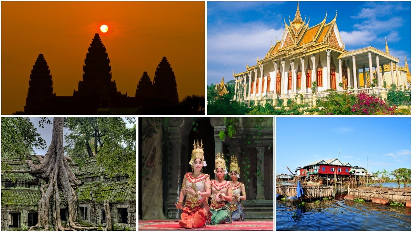 A collage of Cambodia highlights featuring the sunrise over Angkor Wat, the Royal Palace in Phnom Penh, Ta Prohm temple ruins, traditional Apsara dancers, and a floating village house