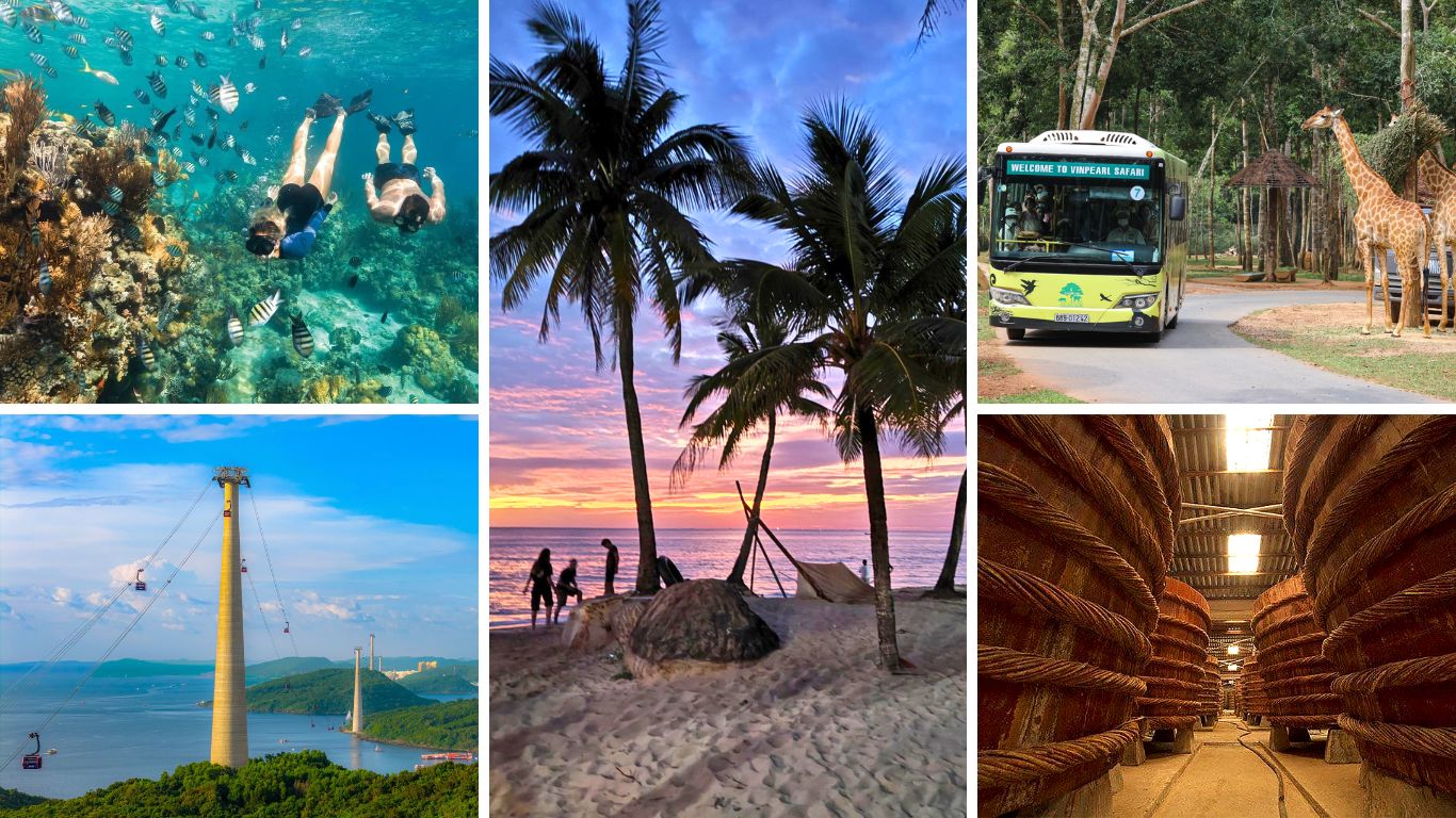 A collage of Phu Quoc attractions including snorkeling, the Hon Thom cable car, a sunset beach, a safari jeep, and fish sauce barrels.