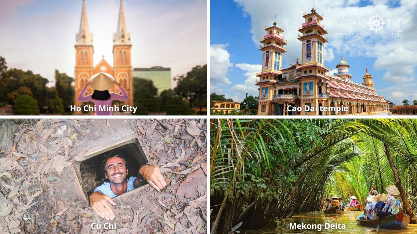 Main highlights of a South Vietnam itinerary can be Notre Dame Cathedral, Cao Dai Temple, Cu Chi Tunnel, and the Mekong Delta