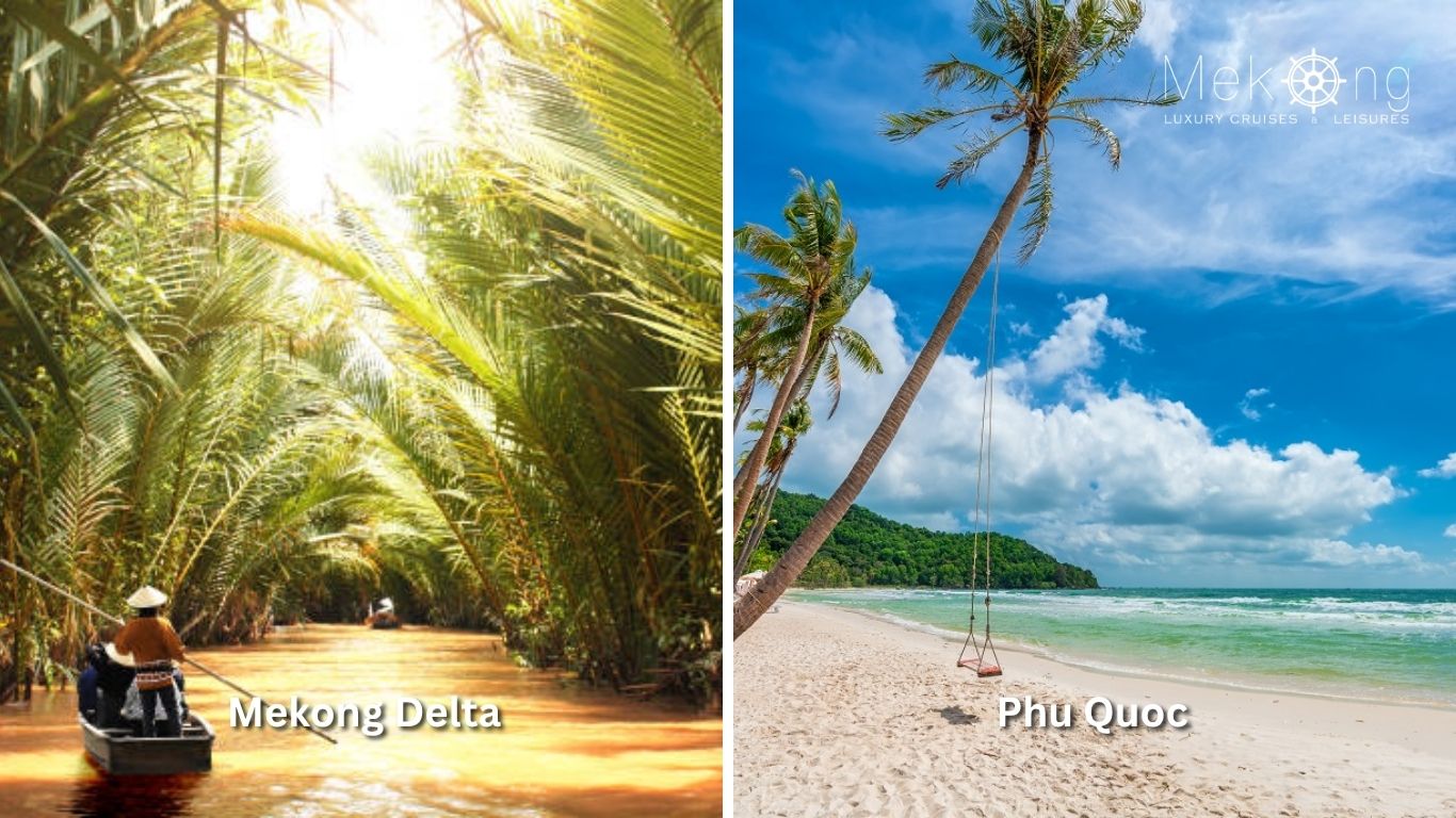 A canal in Mekong Delta and the beach on Phu Quoc island