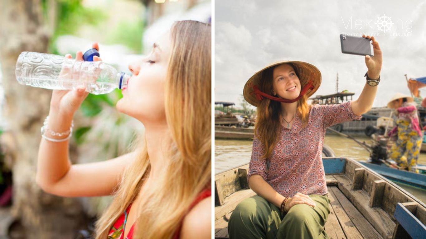 A woman drinking water and a female tourist on a boat in the Mekong Delta