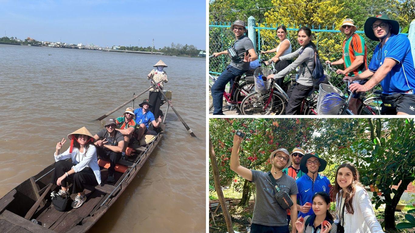 A group of travellers in Can Tho on boat and on land