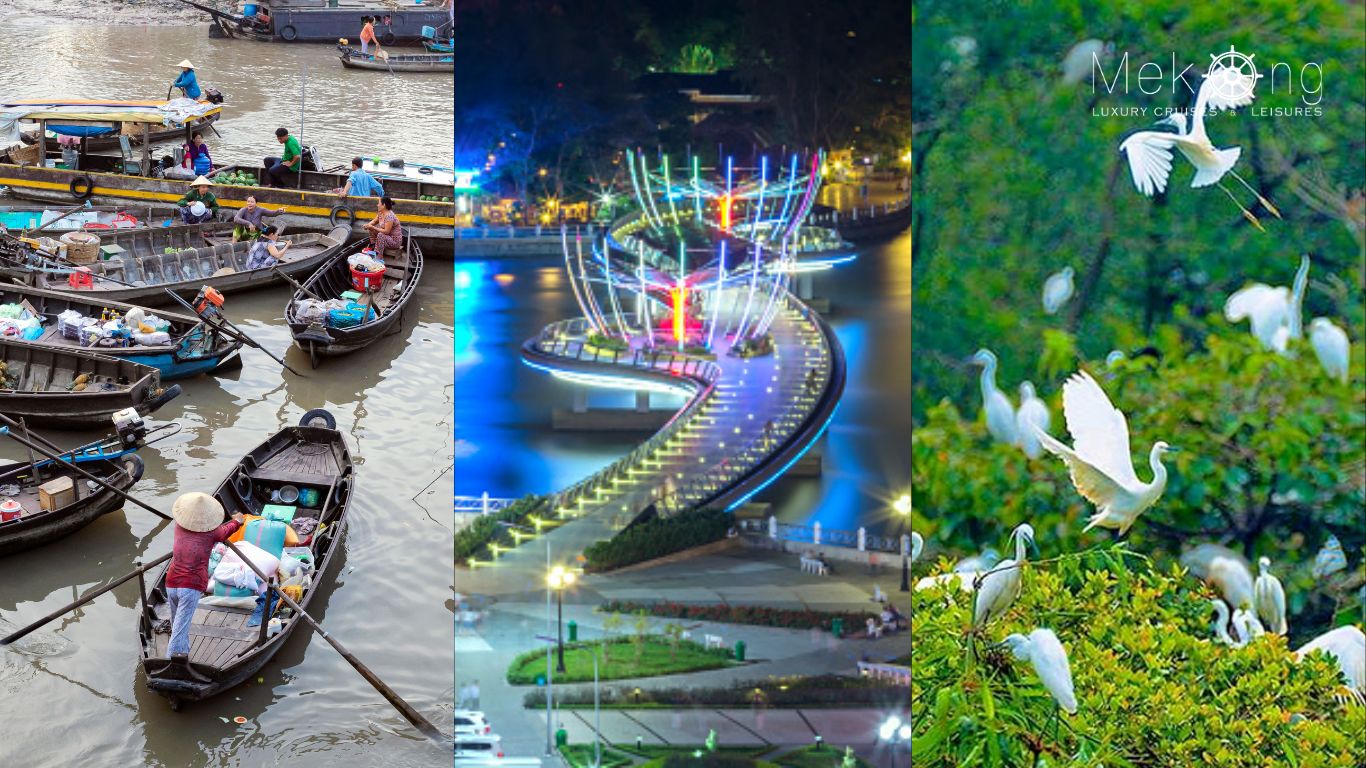 Cai Rang Floating Market, Ninh Kieu Wharf at night, and birds at Bang Lang Stork Sanctuary