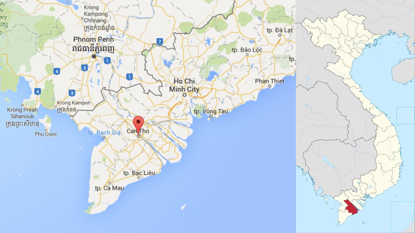 A satellite map of Vietnam with markings indicating location of Can Tho City