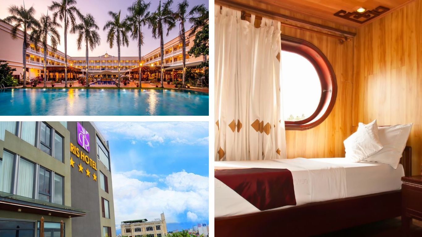The exterior of Victoria Can Tho Resort, Iris Hotel Can Tho, and a cabin on Mekong Eyes Explorer & Classic Cruise