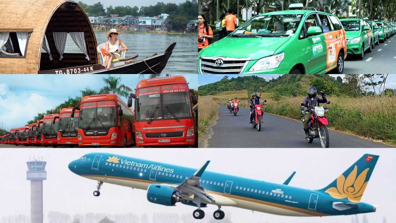 Images of a cruise, taxi, buses, motorbikes, and a plane
