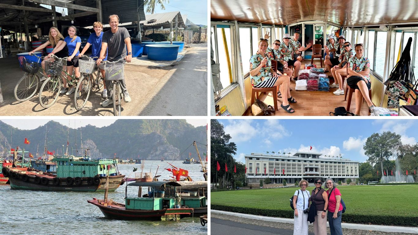 Travelers cycling, enjoying a Mekong river cruise, fishing boats near Phu Quoc, and visiting Reunification Palace in Ho Chi Minh City Vietnam