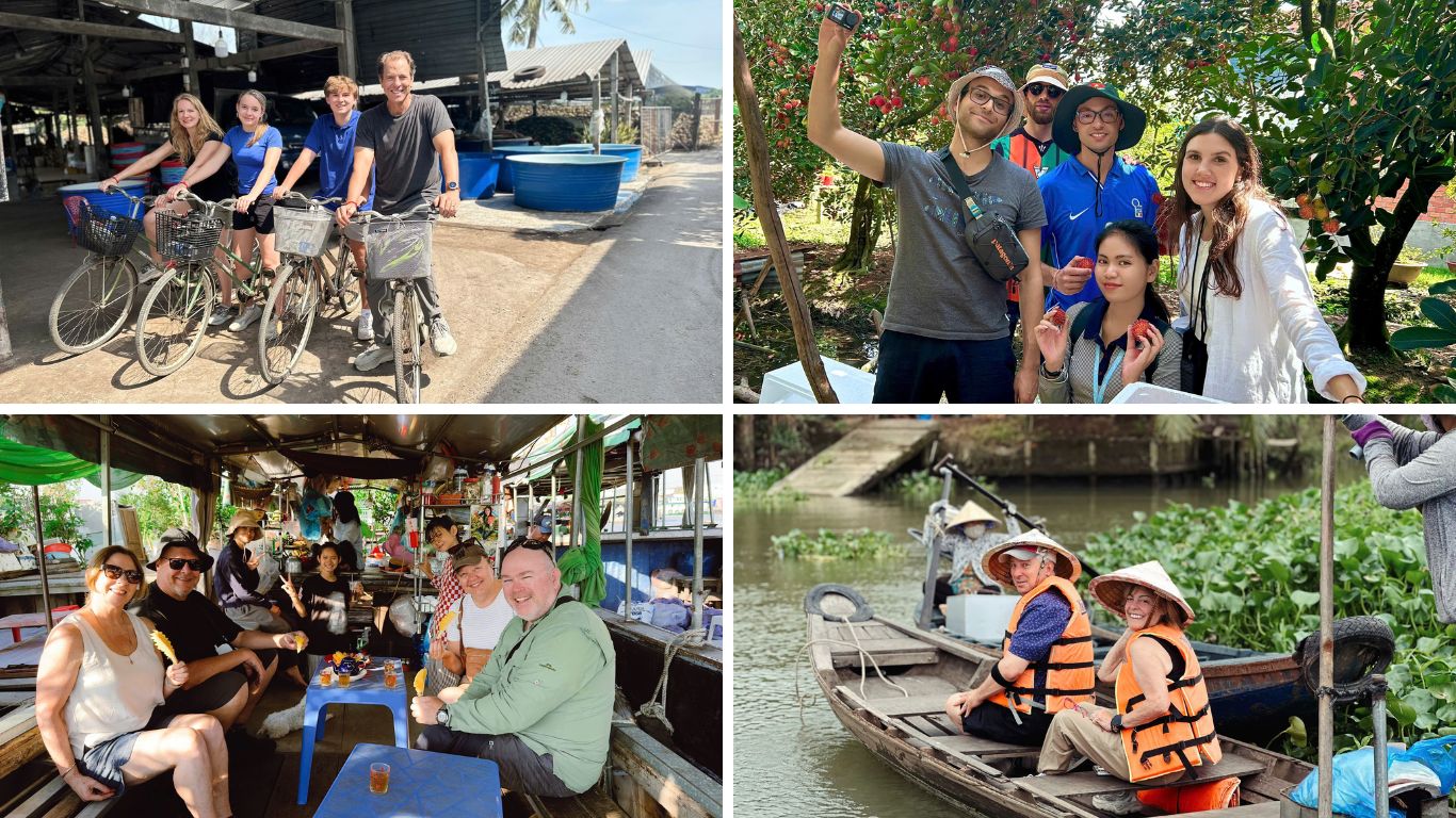 Travelers exploring the Mekong Delta by bicycle, fruit orchard, local boat and floating market in Can Tho