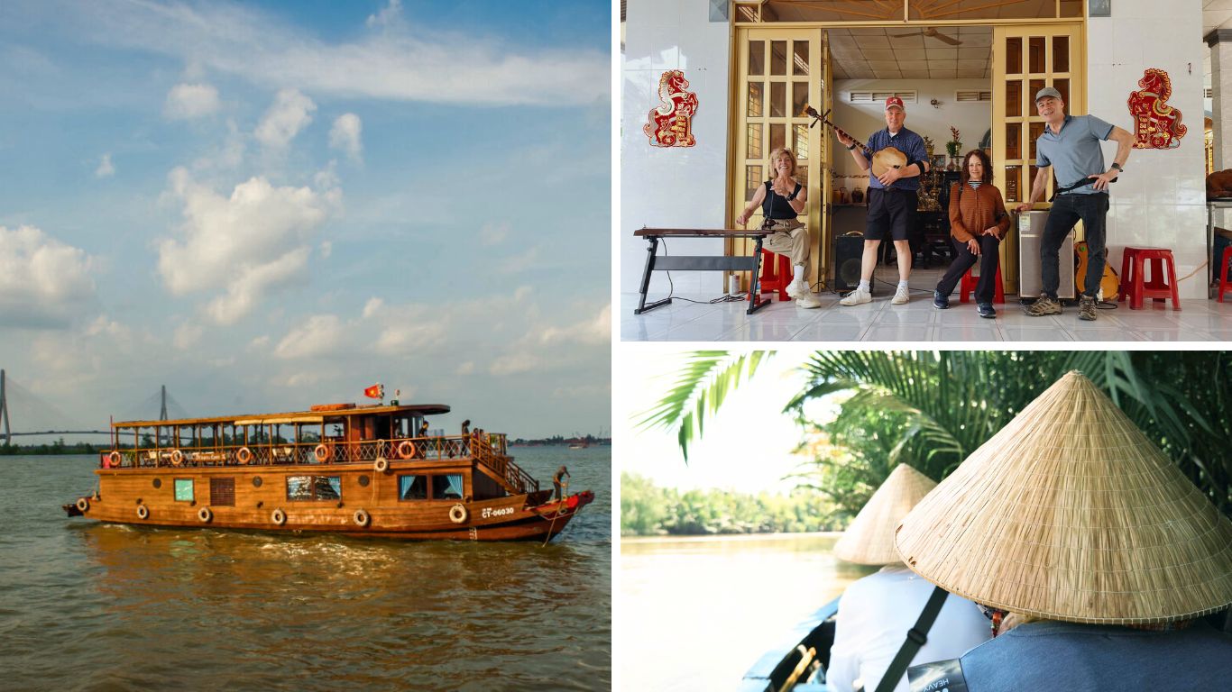 Private wooden cruise boat on the Mekong River with travelers enjoying local music and canal views in Can Tho