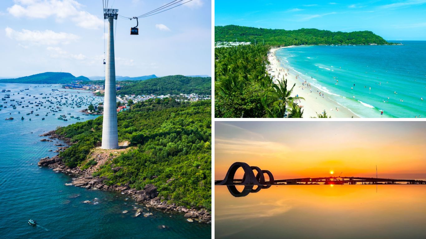 Hon Thom Cable Car over the sea, Bai Sao Beach white sand and turquoise water, and Sun Bridge sunset reflection in Phu Quoc Island Vietnam