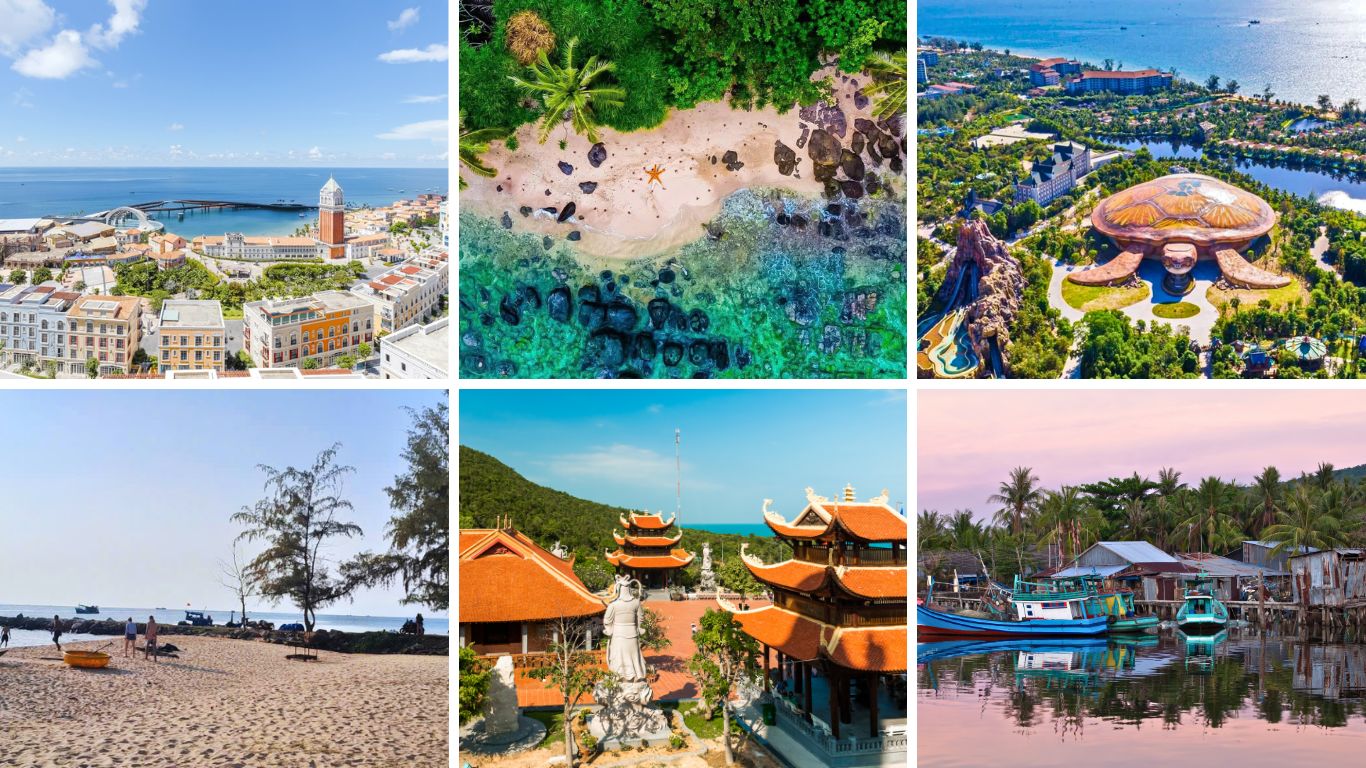 Phu Quoc town waterfront, aerial view of a secluded beach, Vinpearl Resort from above, Long Beach at sunset, Dinh Cau Temple, and traditional fishing village boats in Phu Quoc Island Vietnam