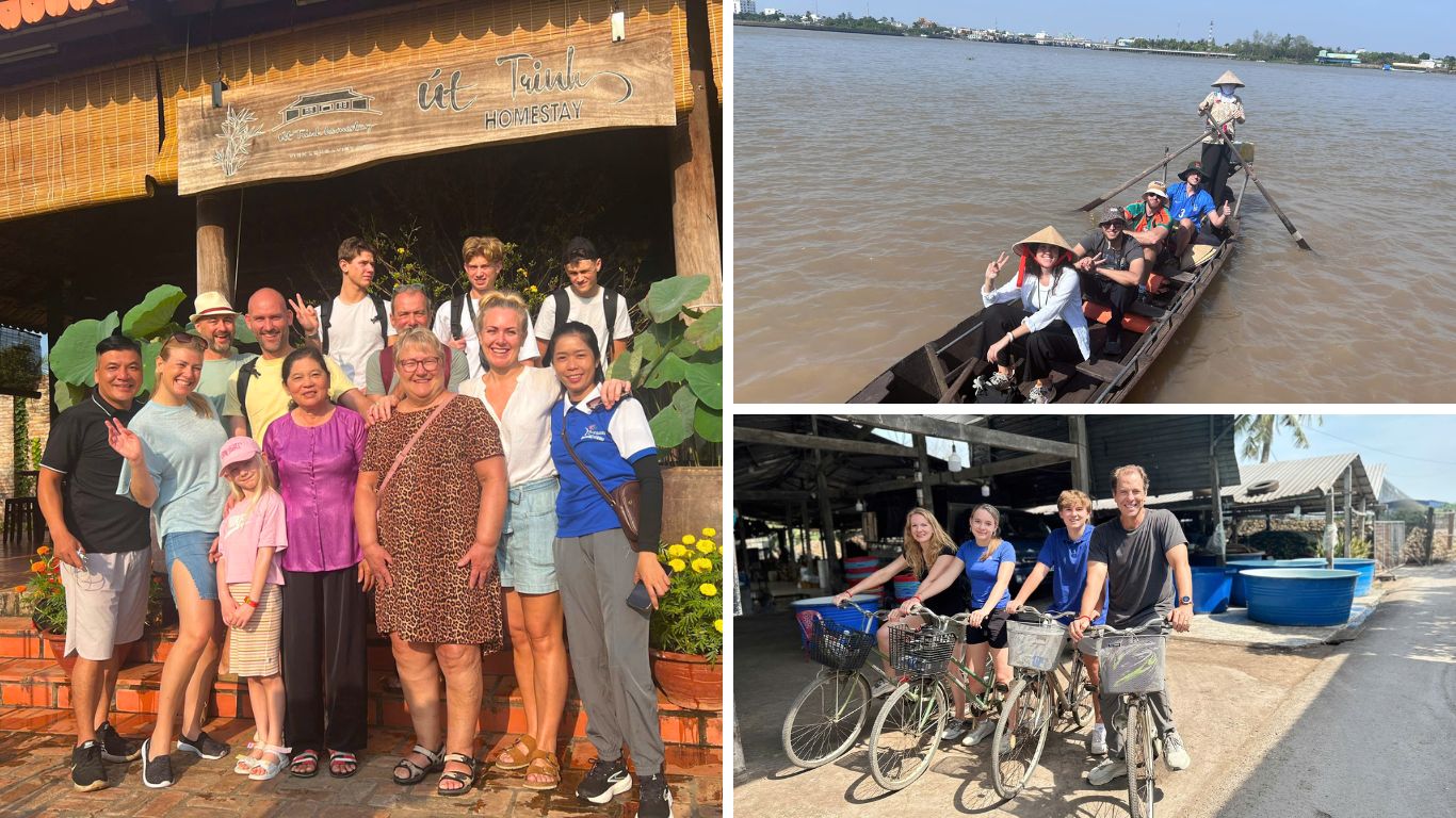 Travelers enjoying a Can Tho private tour with a homestay visit, traditional boat ride on the Mekong Delta, and a cycling tour through local villages.