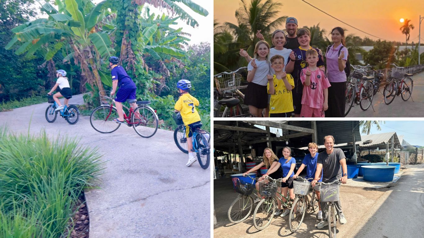 Families and travelers cycling through Mekong Delta village roads during a private shore excursion in June.