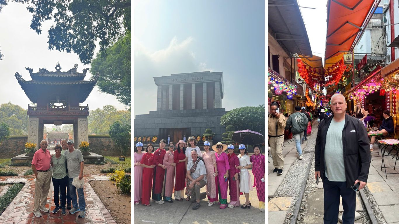 Travelers on a private Hanoi city tour visiting the Temple of Literature, Ho Chi Minh Mausoleum, and the colorful Train Street in the Old Quarter.