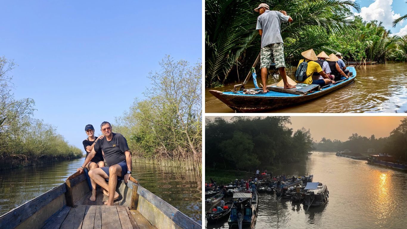 Travelers on a sampan through Mekong Delta canals and Cai Rang floating market at sunrise in June.