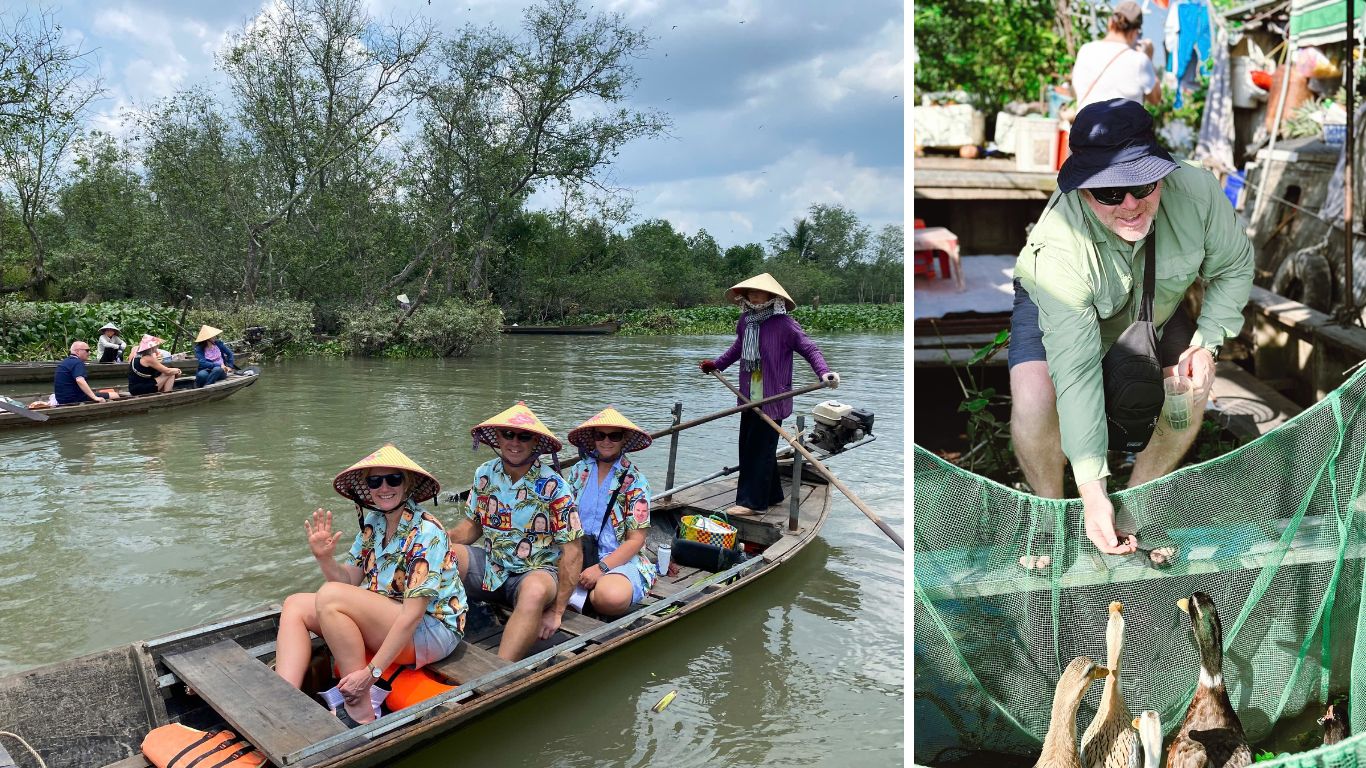 Travelers on a sampan boat through Mekong Delta canals and a visitor exploring local river farming during a private shore excursion.