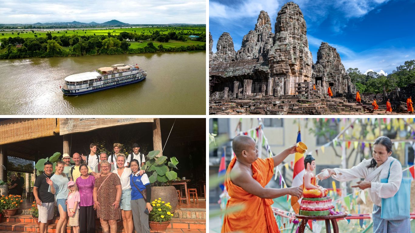 Private cruise ship on the Mekong River, Angkor Wat temples with monks, homestay experience, and Cambodian Buddhist ceremony along the Vietnam to Cambodia river route.