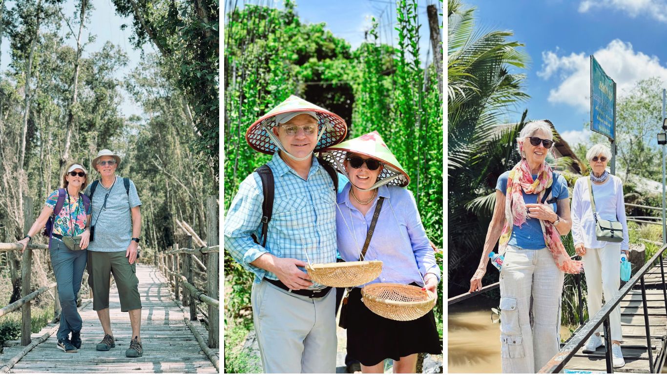 Tourists exploring Chau Doc on a private guided tour through Tra Su Forest and Mekong Delta local villages in Vietnam