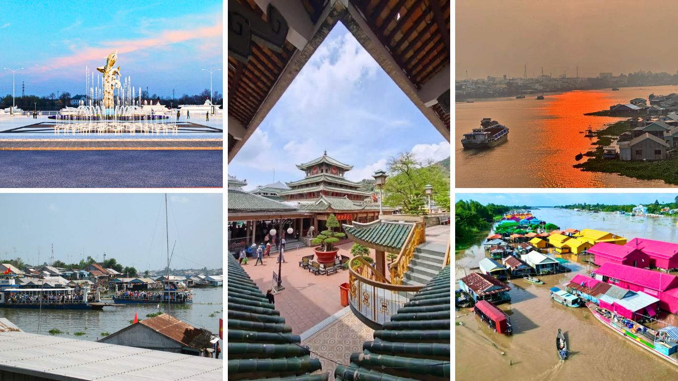 Chau Doc travel highlights including Ba Chua Xu Temple, Hau River sunset, floating villages and boat tours in the Mekong Delta Vietnam