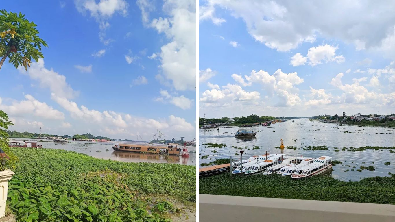 Hau River Chau Doc with cruise boats and express ferries docked along the Mekong Delta waterway Vietnam