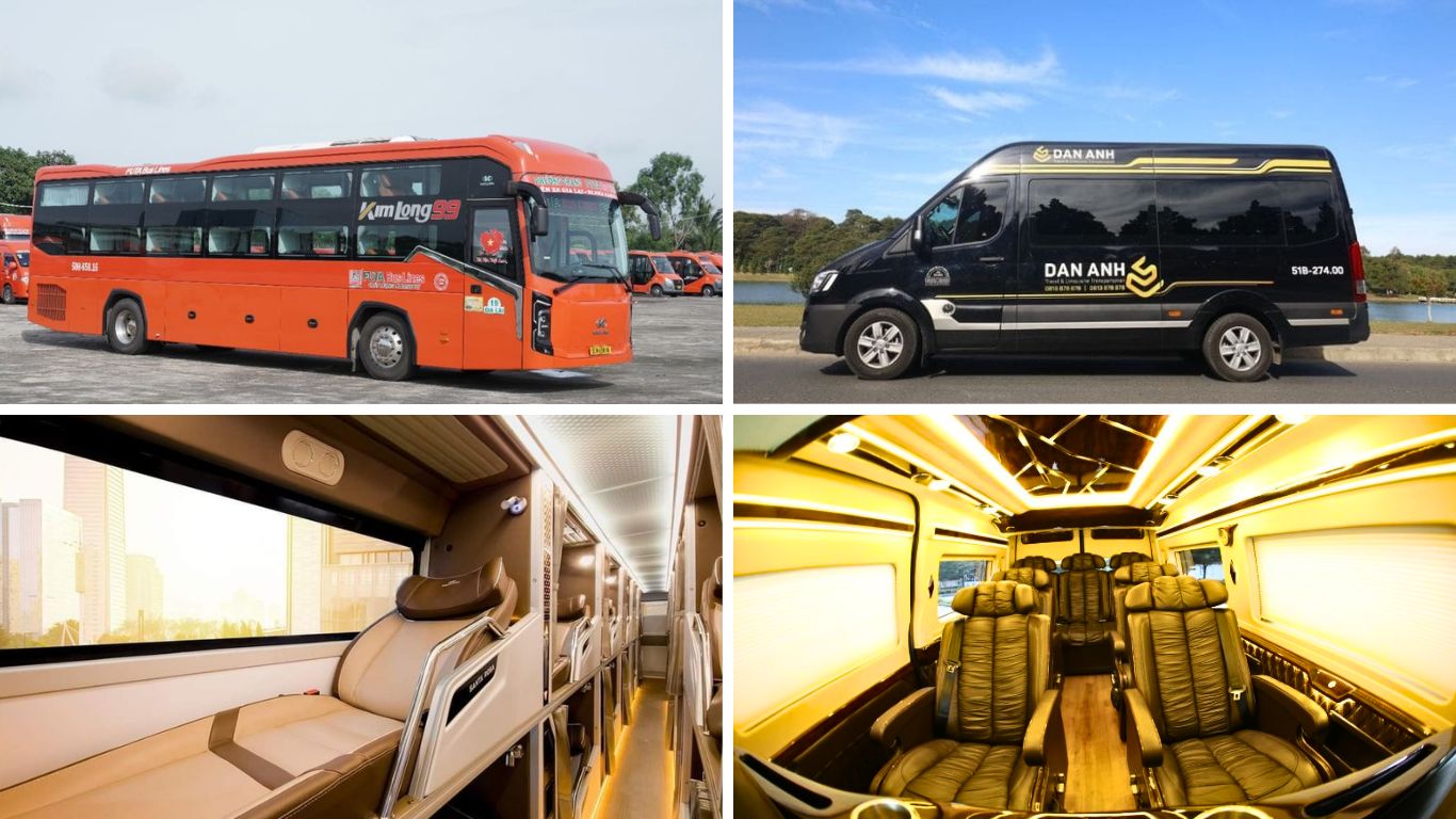 Bus and limousine van transport options from Ho Chi Minh City to Chau Doc including sleeper bus interior and private van cabin