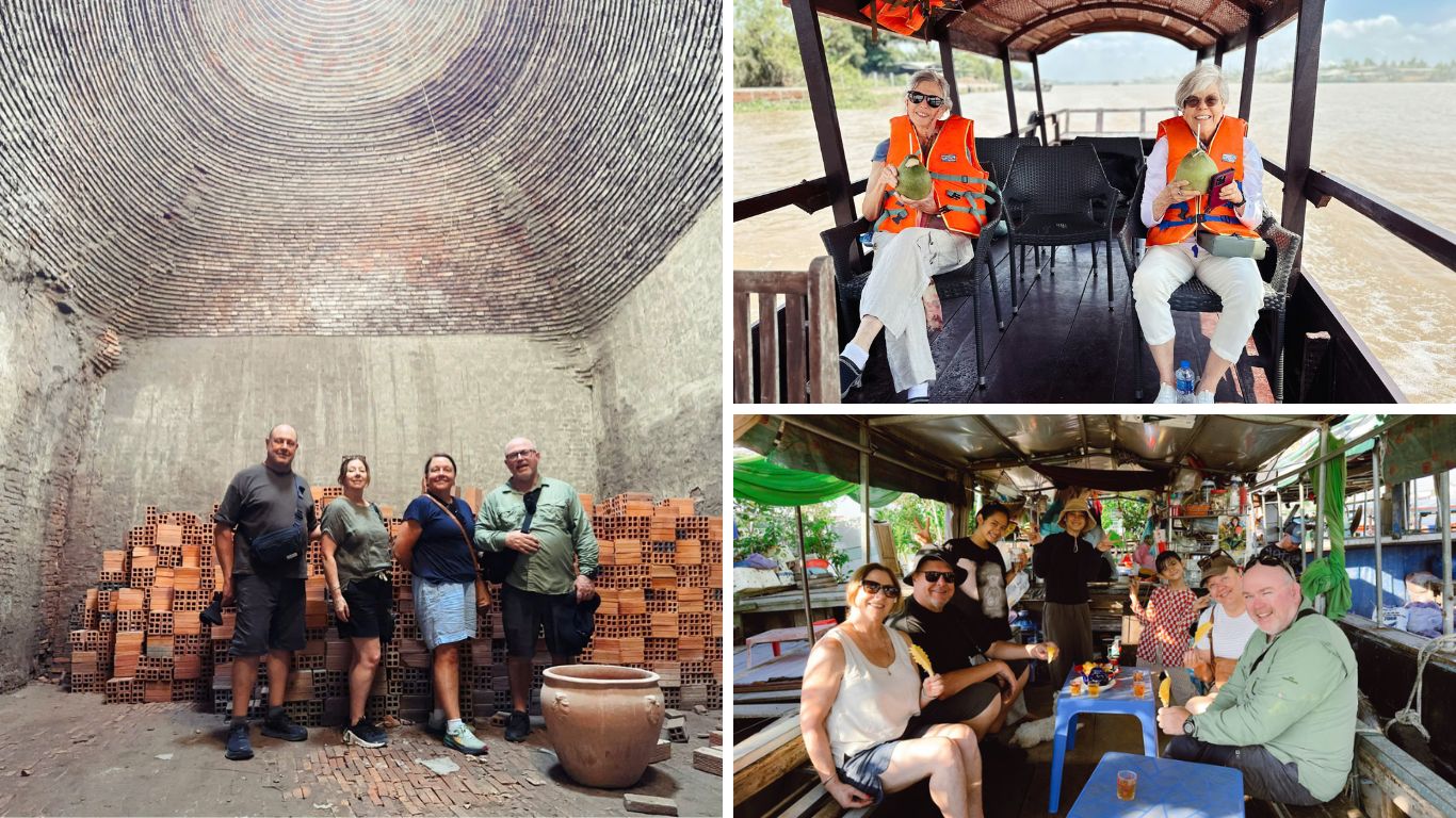 Mekong Delta tour experiences showing travellers inside a traditional brick kiln in Sa Dec, two women with fresh coconuts on a private river boat, and a group enjoying food and drinks at a floating market stall