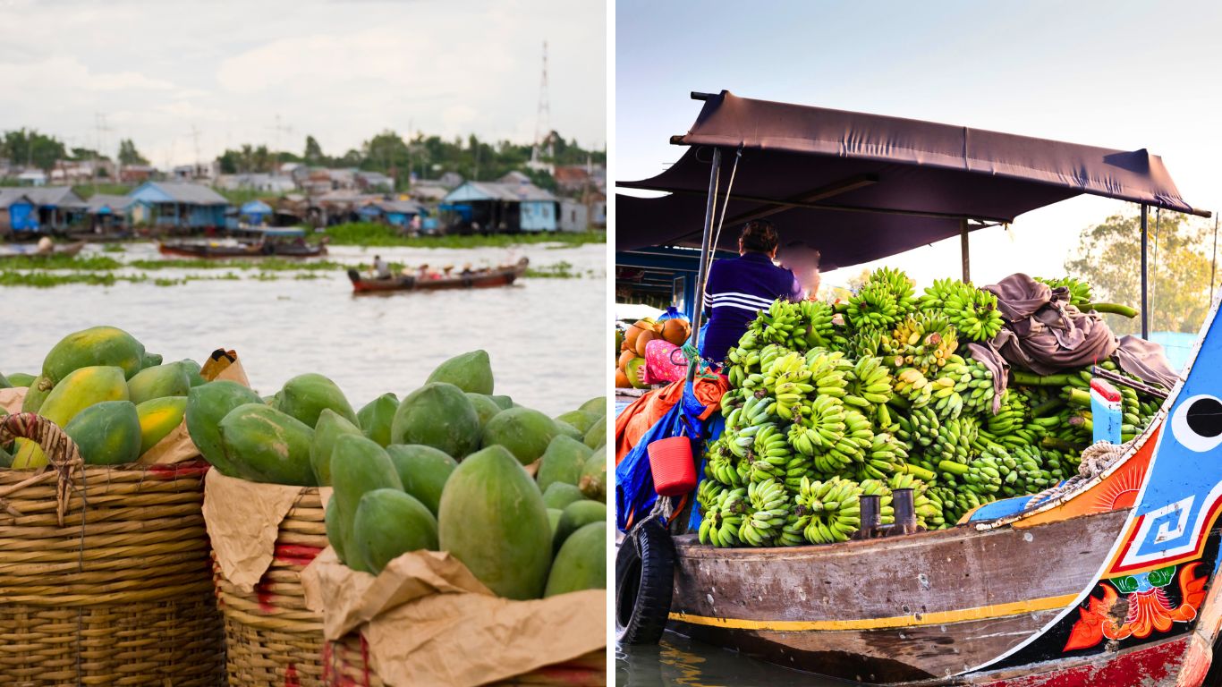 Mekong floating market in July with baskets of fresh papaya on the riverbank and a wooden trading boat piled high with green bananas