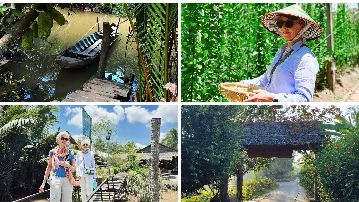 Mekong Delta in July showing wooden canal jetty with sampan boat, traveller harvesting greens in a lush garden, two visitors walking a riverside path, and a tree-lined village road in southern Vietnam