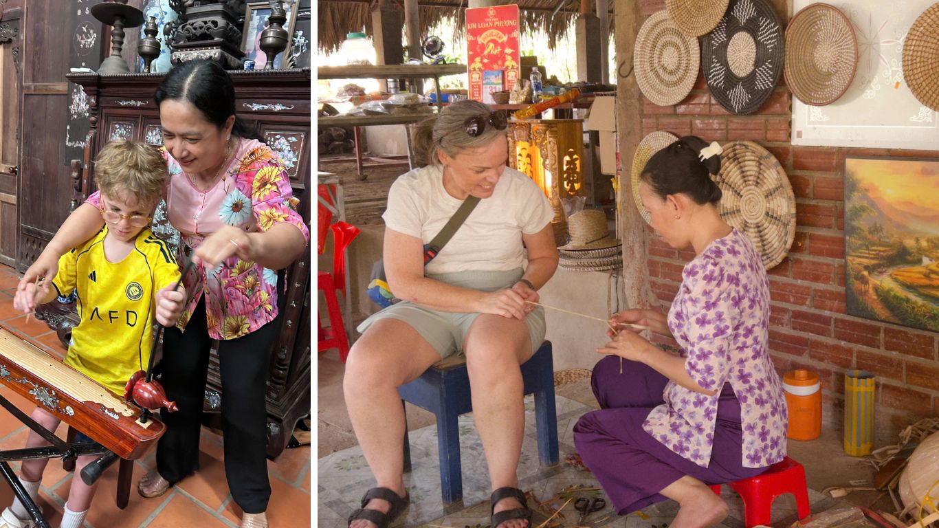 Cultural experiences in the Mekong Delta with a child learning traditional Vietnamese instrument from a local woman and a traveller watching a craftswoman demonstrate traditional weaving at a riverside workshop