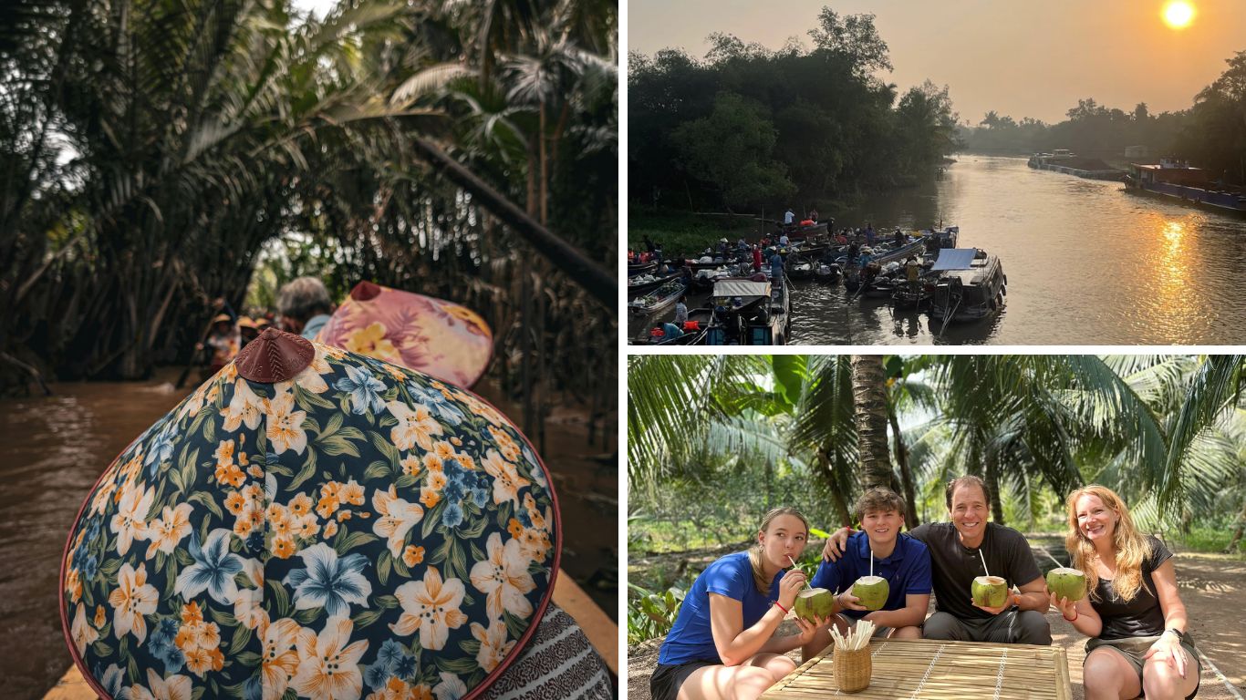 Mekong Delta experience showing sampan boat ride through narrow palm-lined canal, busy floating market at golden sunrise, and family enjoying fresh coconut drinks under coconut palms in southern Vietnam