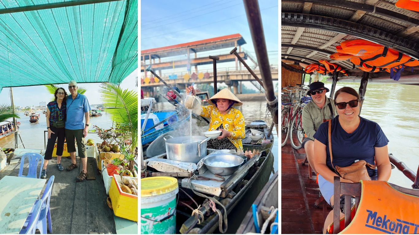 Mekong Delta river morning with couple on floating restaurant deck, local vendor cooking steaming noodle soup on a wooden boat at the floating market, and two travellers smiling aboard a traditional Mekong river boat