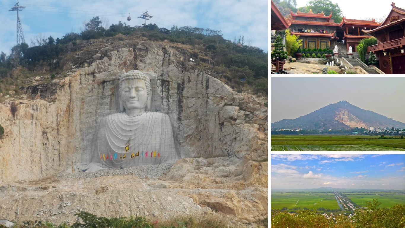 Sam Mountain Nui Sam Chau Doc with giant Buddha carving, Tay An Temple and panoramic Mekong Delta rice field views in An Giang Vietnam