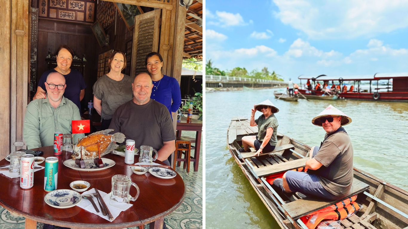 Travellers dining on elephant ear fish at a traditional wooden house in the Mekong river with a local host, and a couple rowing a small wooden boat on the river wearing Vietnamese conical hats