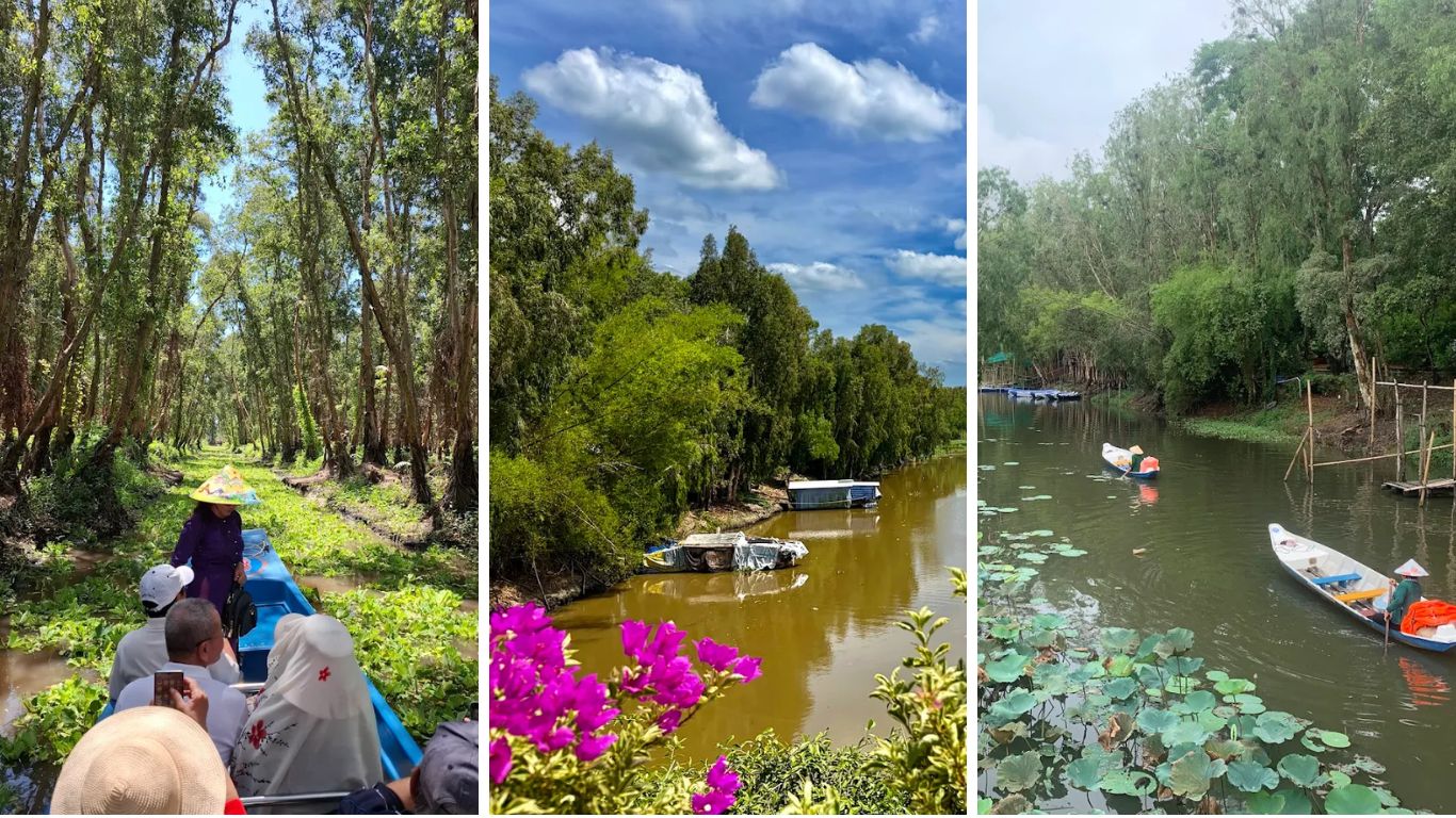 Tra Su Cajuput Forest boat tour near Chau Doc with flooded woodland canals and small boats in the Mekong Delta Vietnam