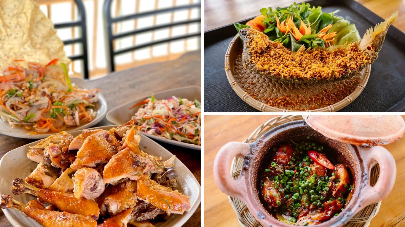 Local Chau Doc food including crispy river fish, clay pot braised dish and fresh Vietnamese salads in the Mekong Delt